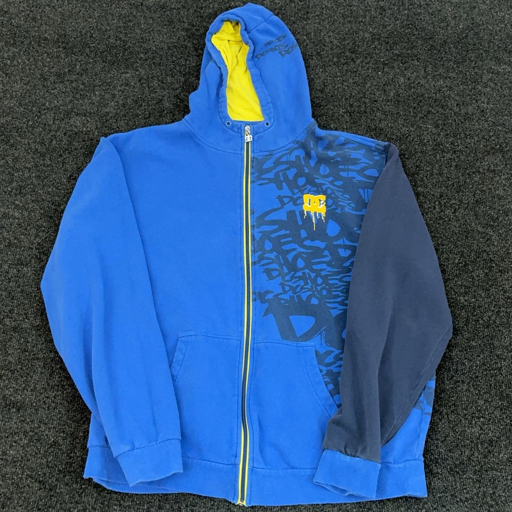 DC Shoes Hoodie Mens 2XL Blue Yellow Graffiti Logo Full Zip Fleece Skateboard